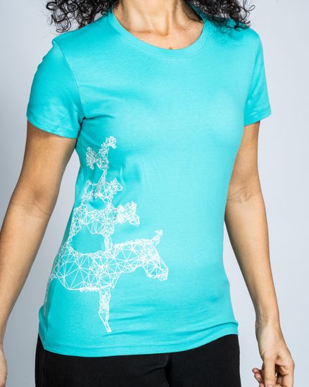 Das Model trägt ein hellblaues T-Shirt für Damen, auf welchem die Silhouette der Bremer Stadtmusikanten abgebildet ist.