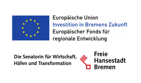 Logo: Förderung für das Projekt durch: EU Investition in Bremens Zukunft Europäische Fonds für regionale Entwicklung/ Die Senatorin für Wirtschaft, Häfen und Transformation/ Freie Hansestadt Bremen