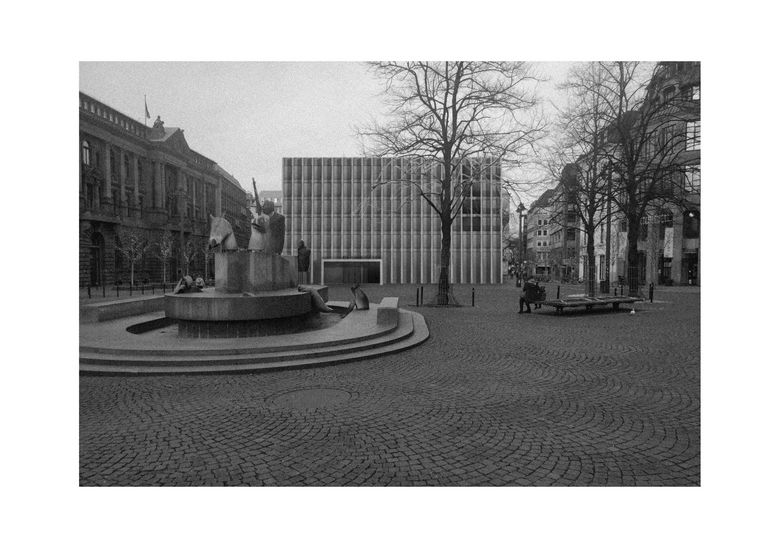Architektonischer Entwurf "Stadthaus Bremen" von Iker De la Hoz. Ansicht über den Domshof mit Brunnen.