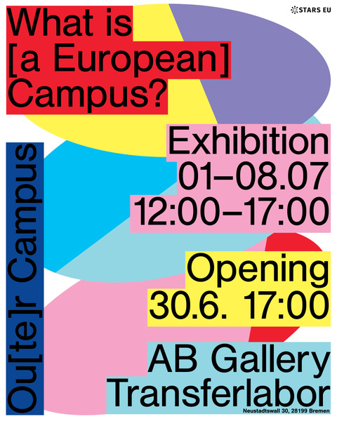 Ein farbenfrohes Ausstellungsplakat mit abstrakten geometrischen Formen in Gelb, Blau, Rosa, Rot und Violett bewirbt die Ausstellung &bdquo;What is [a European] Campus?&ldquo;. Die Ausstellung findet vom 1. bis 8. Juli jeweils von 12:00 bis 17:00 Uhr in der AB Gallery Transferlabor in Bremen statt; die Er&ouml;ffnung ist am 30. Juni um 17:00 Uhr. Der vertikal gesetzte Schriftzug &bdquo;Outer Campus&ldquo; erg&auml;nzt das grafisch auff&auml;llige Design.