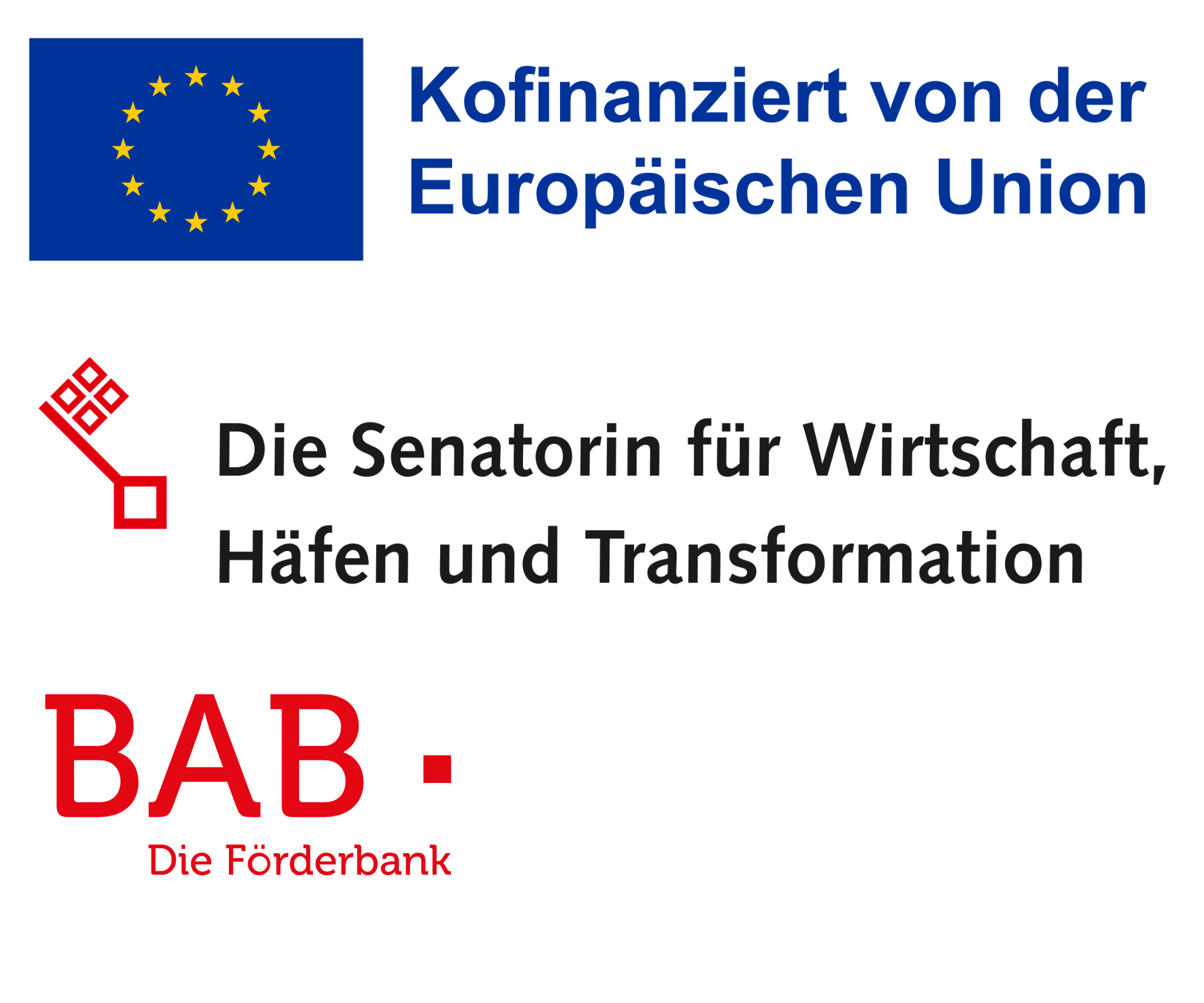 Logos der EU, der Senatorin für Wirtschaft, Häfen und Transformation und der Bremer Aufbaubank BAB