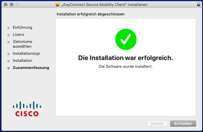 Download-Client zeigt "Die Installation war erfolgreich anzeigen" an.