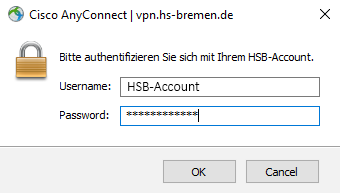 Anmeldungsfenster von Cisco AnyConnect.