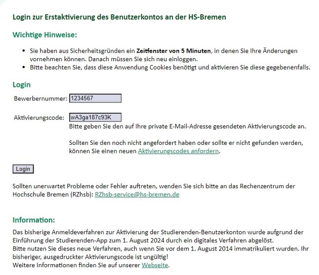 Erstaktivierung HSB Account - Schritt 2 Formular - Eingabe Aktivierungscode, Bewerbernummer und Aktivierungscode (wird per E-Mail versendet) werden benötigt.