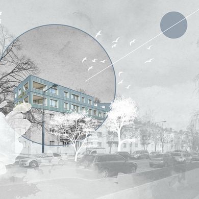 Visualisierung vom Projekt "Light Up!" von der gegenüberliegenden Straßenseite mit Fokus auf die oberen Etagen des Gebäudes