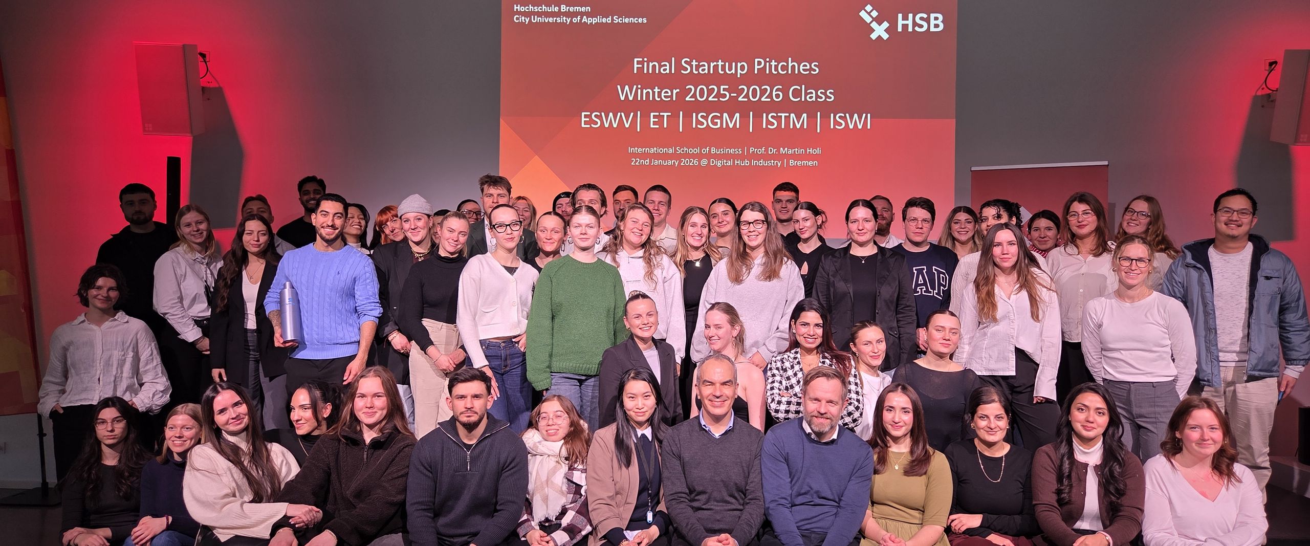 Gruppenbild mit circa 60 Personen, mehrheitlich Studierende mit der JUry und Dozenten. Im Hintergrund eine Pr&auml;sentation mit der Aufschrift "Finale Startup PItches"