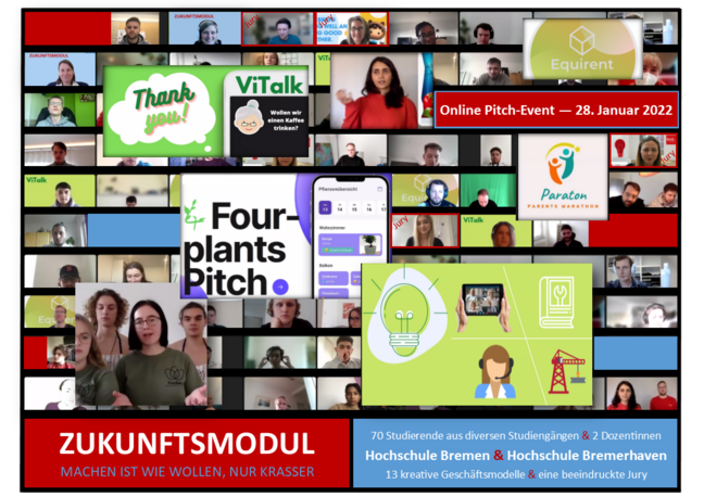 Auf dem Bild sieht man einen Screenshot der des digitalen Pitchevents mit vielen Bildern und Ausschnitten der Darstellung der unterschiedlichen Pitches