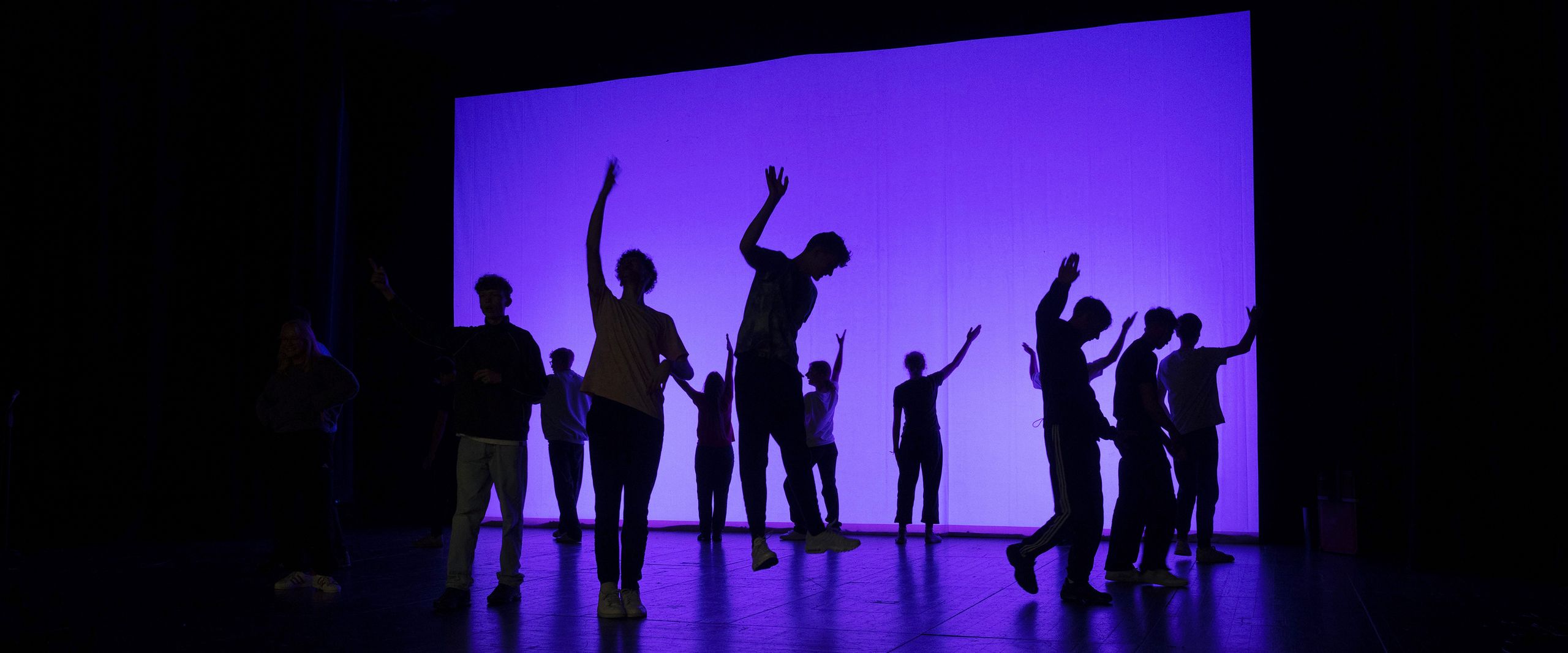 Illustration Everyone must play a part - Theaterprojekt HSB und bsc Schwarze Schatten auf einer Bühne im lila Licht.