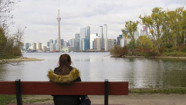 Lizza B. Auslandssemestet Studierende auf Parkbank vor Skyline