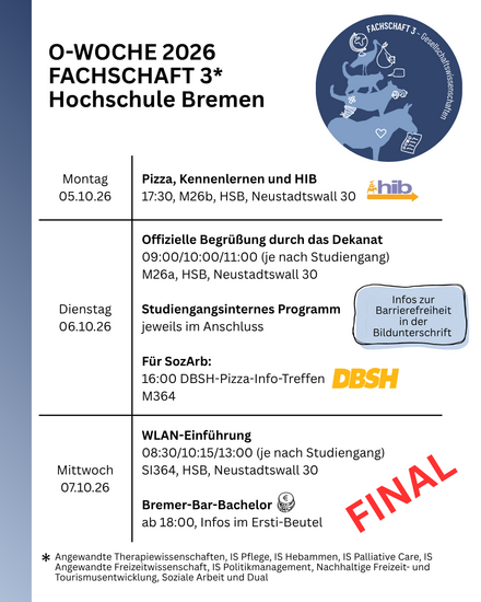Eine &Uuml;bersicht &uuml;ber das Programm der Fachschaft 3 an der Hochschule Bremen f&uuml;r die O-Woche 2026