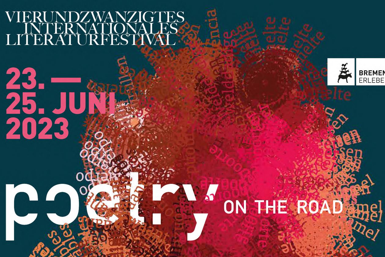Poetry on the Road 2023 Das Bild zeigt einen Plakatausschnitt mit farbigen Grafikelementen und weißer Schrift