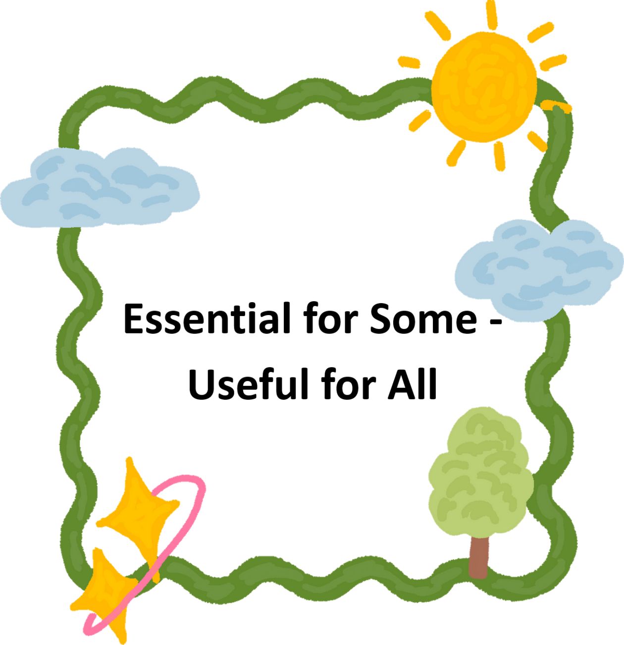 Der Slogan "Essential for Some - Useful for All" wird durch eine Wellenlinie umrahmt. Auf dem Rahmen sind Wolken, eine Sonne und Sterne platziert.