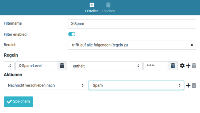 Nun haben Sie einen Filter erstellt, der alle E-Mails automatisch in Ihren neu erstellten Ordner verschiebt, wenn diese E-Mails vom zentralen Spam-Bewerter fünf oder mehr Sterne erhalten haben.