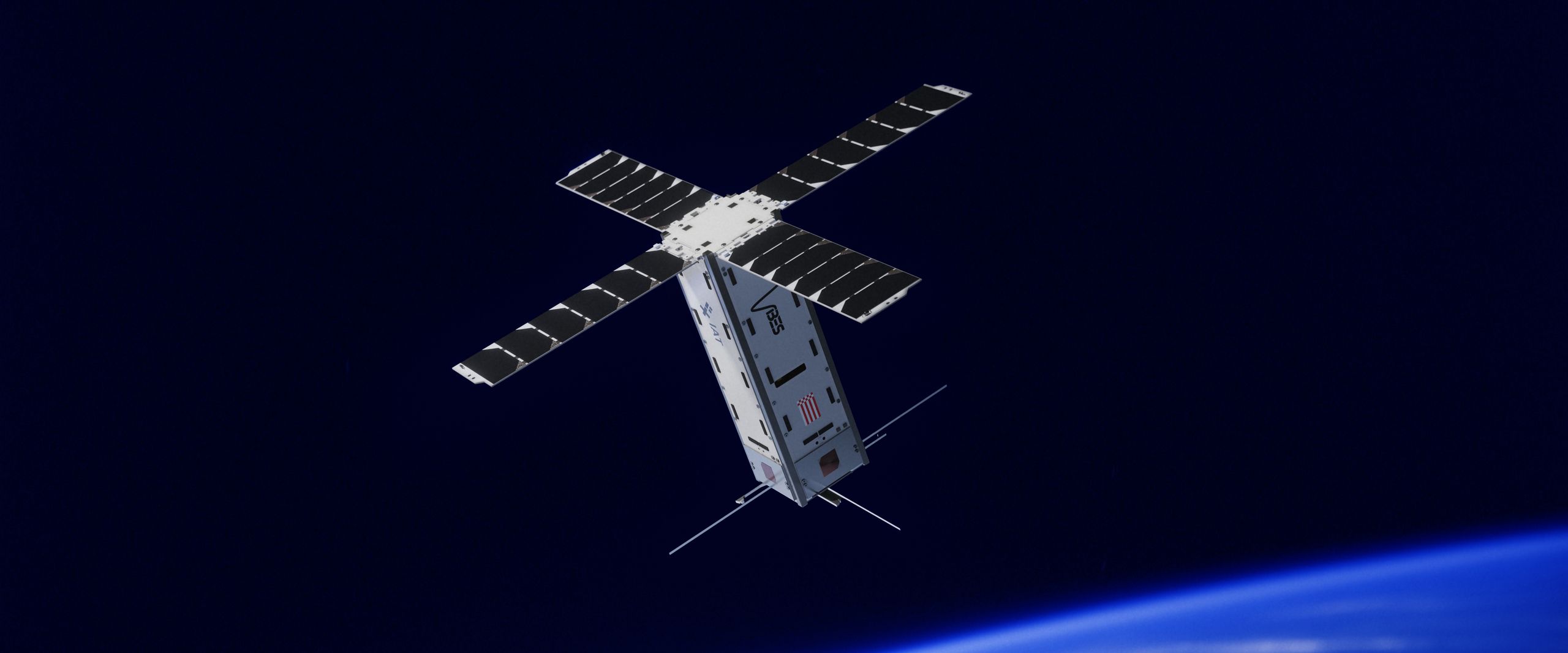 VIBES Pioneer in orbit Render of the VIBES Pioneer spacecraft in orbit. The satellite is pictured with deployed solar arrays and antennae against the darkness of space. Below, the Earth can be seen.