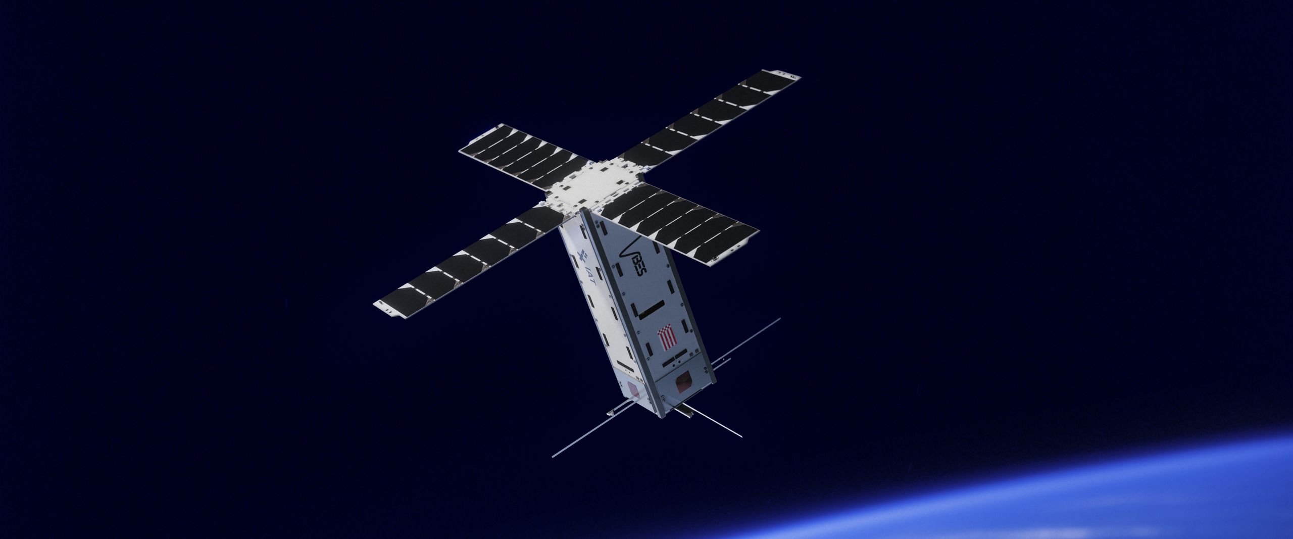 Render of the VIBES Pioneer spacecraft in orbit. The satellite is pictured with deployed solar arrays and antennae against the darkness of space. Below, the Earth can be seen.