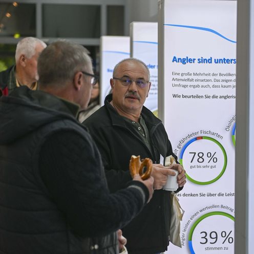 M&auml;nner stehen vor Ausstellungsw&auml;nden