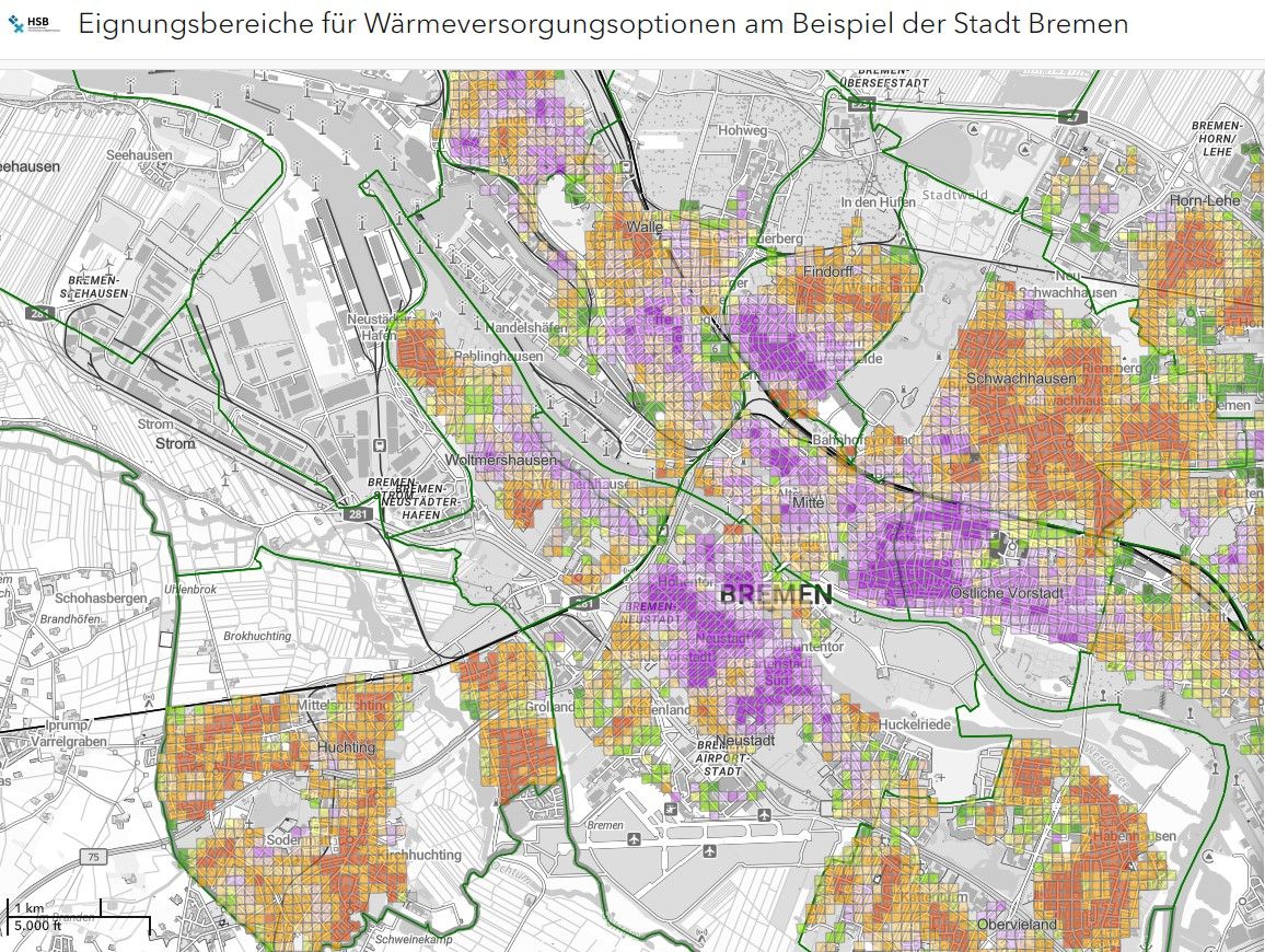 Toolgestützte Ermittlung von Eignungsbereichen für die Wärmeversorgung in Bremen, digitale Kartendarstellung 