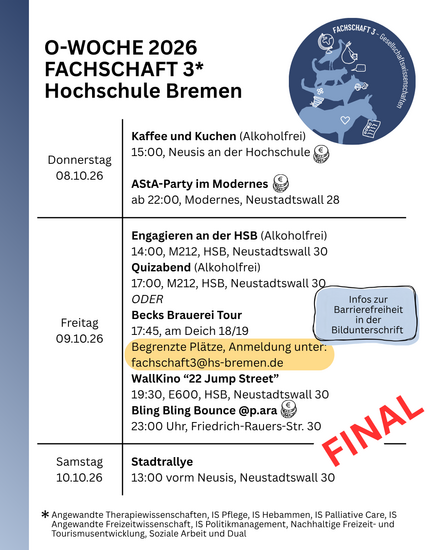 Eine &Uuml;bersicht &uuml;ber das Programm der Fachschaft 3 an der Hochschule Bremen f&uuml;r die O-Woche 2026