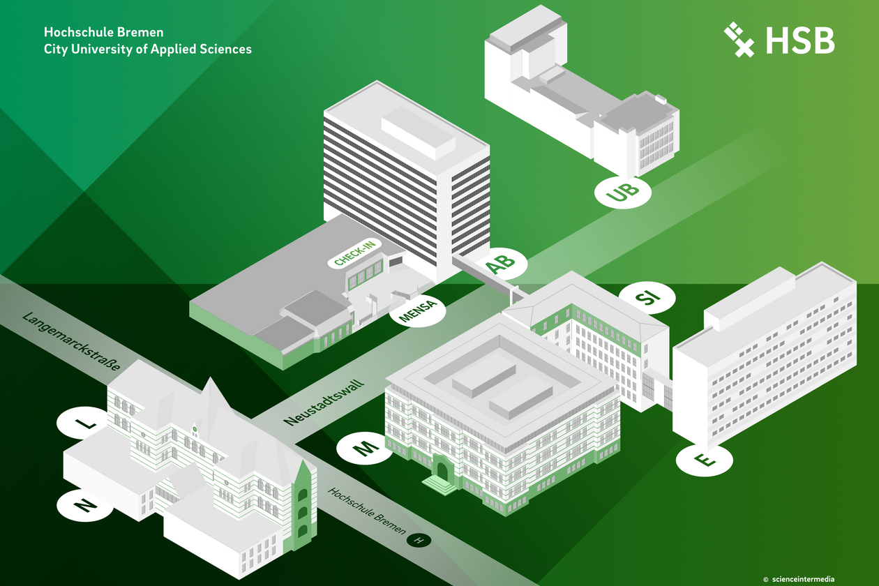 Eine Grafik, die schematisch die Gebäude der HSB rund um den Neustadtswall zeigt.