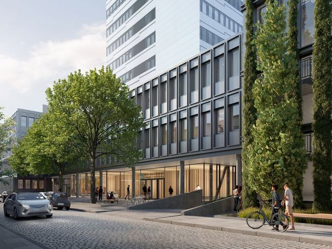 Modellgrafik Moderne Glasfassade mit Begr&uuml;nung