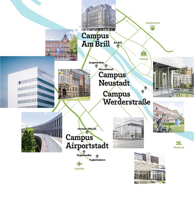 Das Bild illustriert einen Stadtplan von Bremen. Einige prägnante Straßen, sowie der Verlauf der Weser sind zu erkennen. Geografisch passend eingeordnet sind die verschiedene Campus der Hochschule Bremen. Diese sind jeweils mit einigen Bildern der dortigen Gebäuden bebildert. 