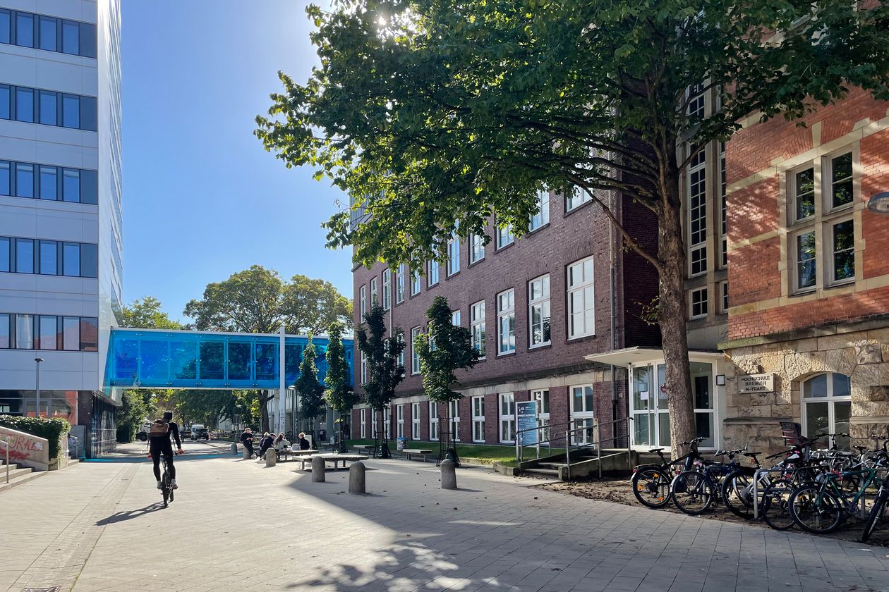 Illustration Projekt BreGoS Gebäude und Staße mit Übergang. Radfahrer und Fußgänger sind zu sehen.