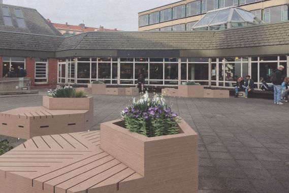 Grafik zeigt Holzmöbel mit Grün auf dem Vorplatz der Mensa