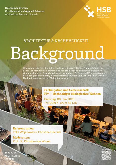 Plakat zum Vortrag "Partizipation und Gemeinschaft: F94 - Nachhaltiges ökologisches Wohnen, Hamburg"