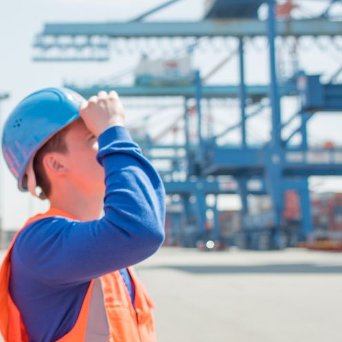Ein Beschäftigter führt Studierende in Warnwesten und Schutzhelmen durch ein Containerterminal.