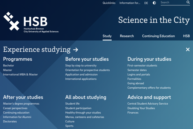 The expanded main menu of the HSB website, showing sub-sections under the &lsquo;Stud&rsquo; section.