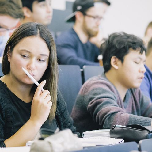 Studierende sitzen nebeneinander in einem H&ouml;rsaal.