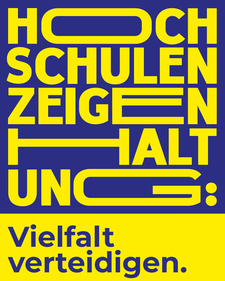 Illustration mit dem Claim: "Hochschulen zeigen Haltung: Vielfalt verteidigen."