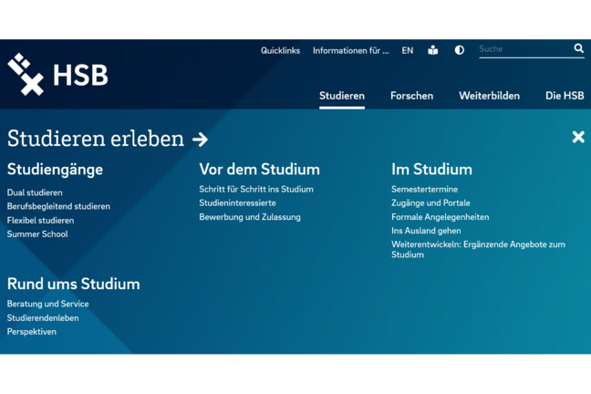 Aufgeklapptes Hauptmenü der HSB-Website mit Unterpunkten zum Bereich "Studieren".