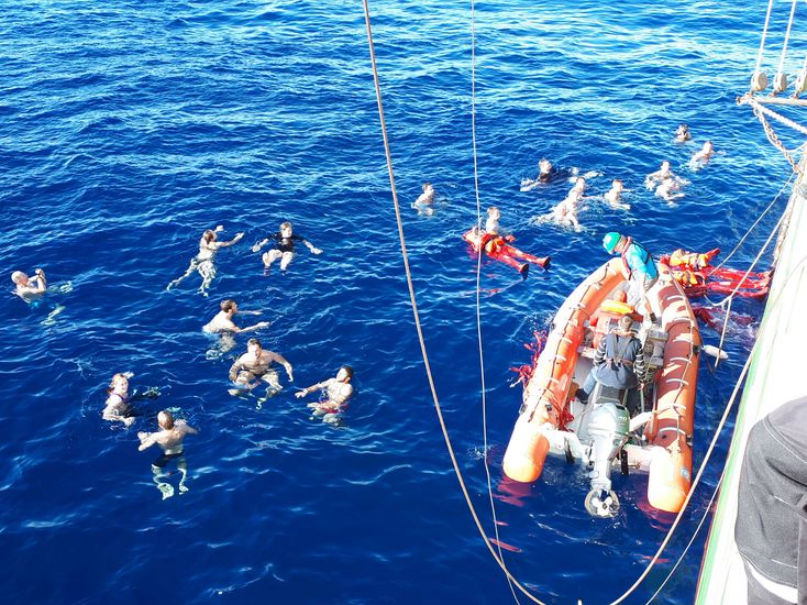 Nautikstudierende schwimmen im Meer neben dem Segelschiff Alexander von Humboldt II.