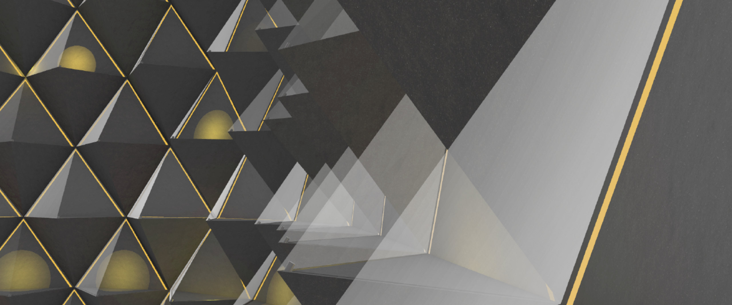 Abstrakte geometrische Komposition aus dunklen dreieckigen Formen mit goldenen Akzenten und transparenten Lichtflächen. Das Bild erzeugt eine futuristische, räumliche Architekturwirkung mit wiederkehrenden pyramidenartigen Strukturen.
