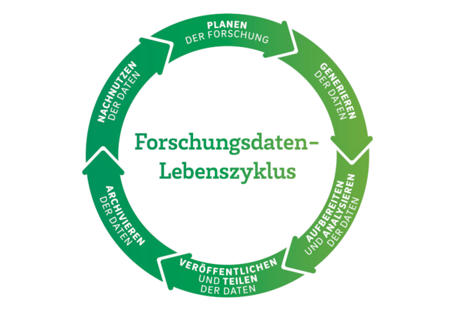Foschungsdaten Lebenszyklus mit einzelnen Phasen Der Forschungsdatenlebenszyklus dargestellt als Kreis: Planen der Forschung, Generieren der Daten, Aufarbeiten und Analysieren der Daten, Archivieren der Daten, Nachnutzen der Daten.