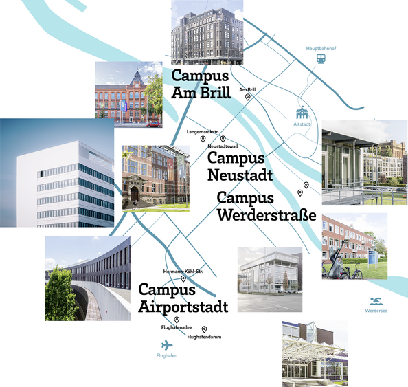 Eine stilisierte Karte von Bremen mit Markierungen für die vier Standorte der HSB Campus: Airportstadt, Am Brill, Neustadt und Werderstraße. Dazu werden Fotos von Gebäuden an den Standorten gezeigt.