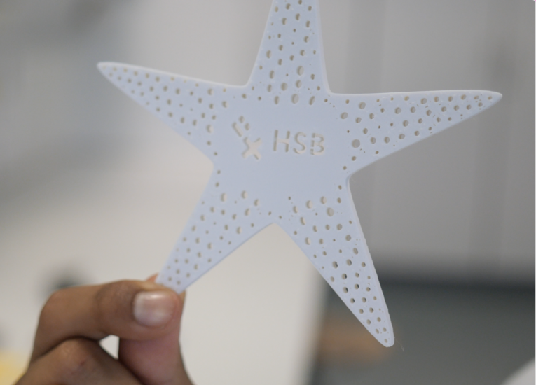 Auf dem Bild ist ein wei&szlig;er Seestern zu sehen. Es ist kein echter Seestern, sondern besteht aus dem neu erfundenen Material. Der Seestern ist wei&szlig;, in der Mitte ist das HSB Logo zusehen und bei den einzelnen Zacken sind L&ouml;cher eingestanzt. 