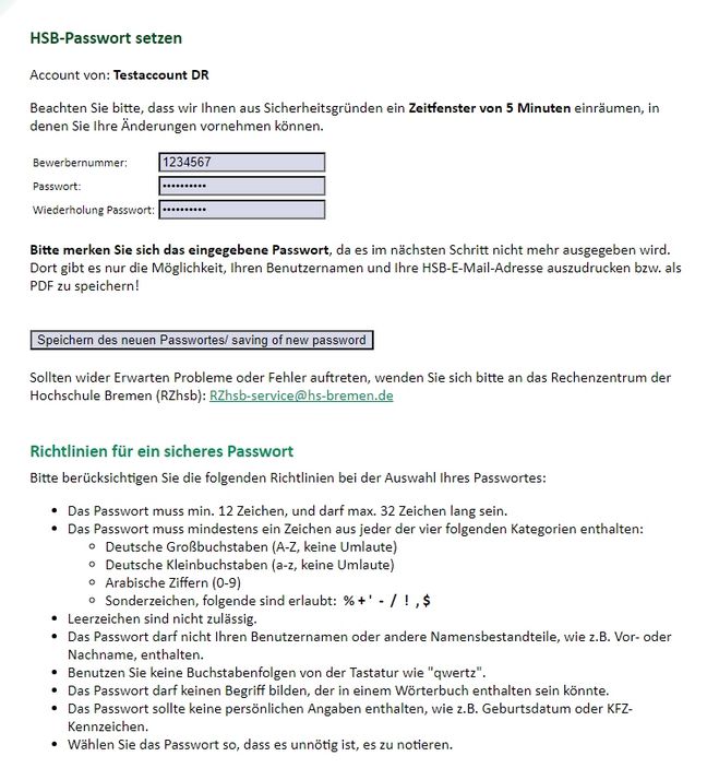 Erstaktivierung HSB Account - Schritt 3 Formular – Passwort ändern, Vergabe eines persönlichen Passwortes, entsprechend der Richtlinien für sichere Passwörter.