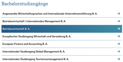 Screenshot Plug-In mit Bachelorstudiengängen der Fakultät Wirtschaftswissenschaften