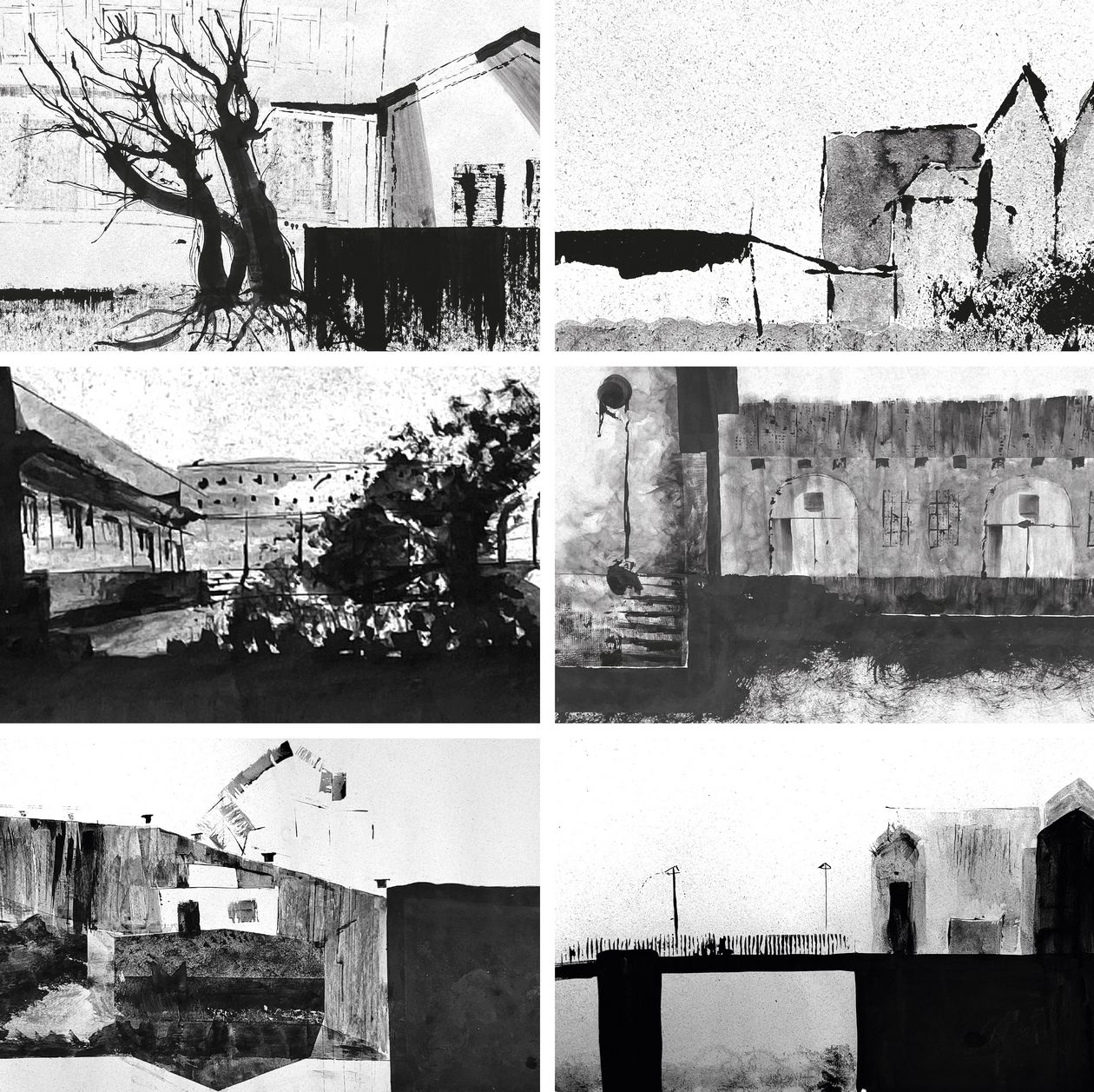 Schwarz-wei&szlig;e, expressive Zeichnungen zeigen abstrakte Landschaften und architektonische Fragmente mit B&auml;umen, Mauern, H&auml;usern und Br&uuml;cken. Die grobe, kontrastreiche Darstellung wirkt skizzenhaft und atmosph&auml;risch.