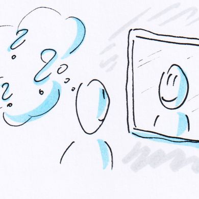 Who cares Motiv: Mann mit Denkwolken schaut in Spiegel