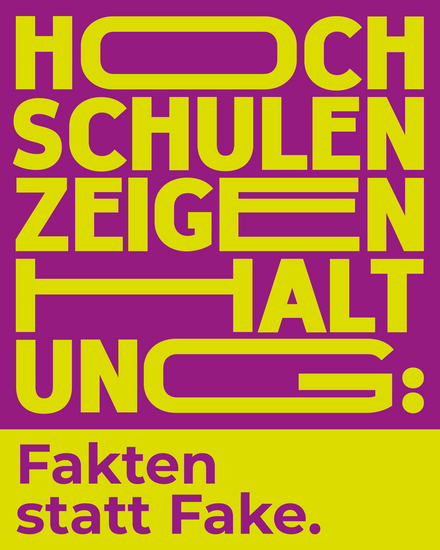 Illustration mit dem Claim: "Hochschulen zeigen Haltung: Fakten statt Fake."