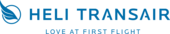 Auf dem Bild ist das Logo von Heli Transair zu sehen. Es besteht aus einem Flügel, der umkreist ist und dem Schriftzug Heli Transair in großen Druckbuschstaben. Zentriert steht in kleinerer Schrift, ebenfalls in großen Druckbuchstaben: Love at first flight.