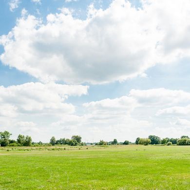 Person standing on a large green field under a partly cloudy sky, with a wind turbine in the background.