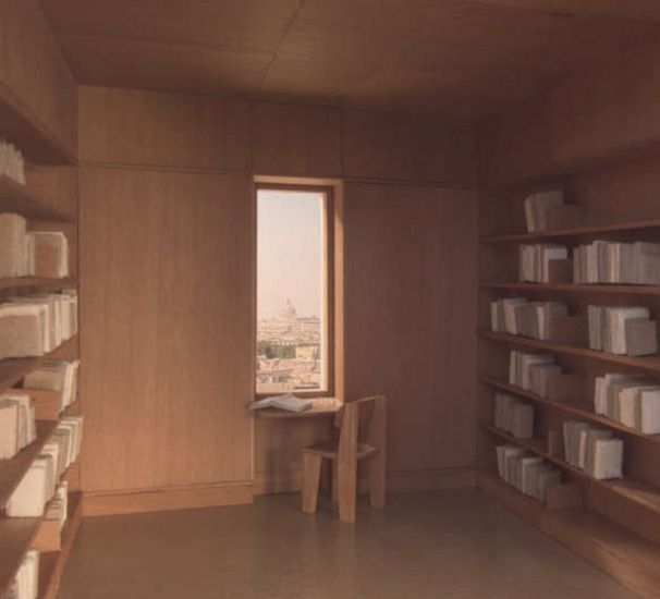 Visualisierung eines raumes mit Bücherregalen und Stuhl am Fenster.