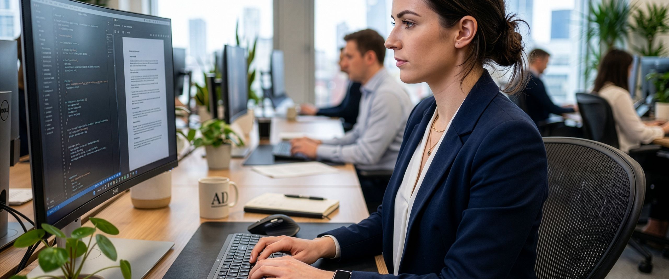 Frau sitzt am ergonomischen Arbeitsplatz