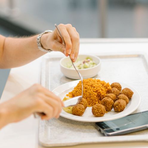 Mensagast beim Essen (Falafel)