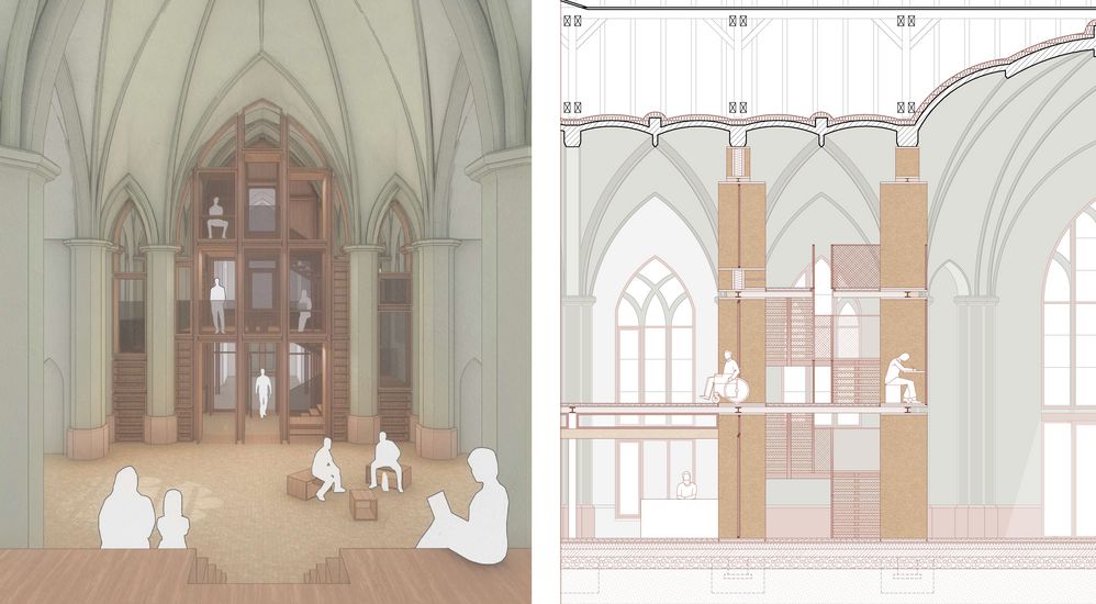 Zu sehen ist eine Innenraumvisualisierung der Kirche und ein Schnitt aus der Abschlussarbeit „Treffpunkt: Christuskirche“ von Pit Pannewitz