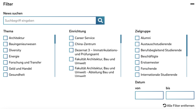 Screenshot der Filterm&ouml;glichkeiten zum Durchsuchen von News auf der HSB-Website